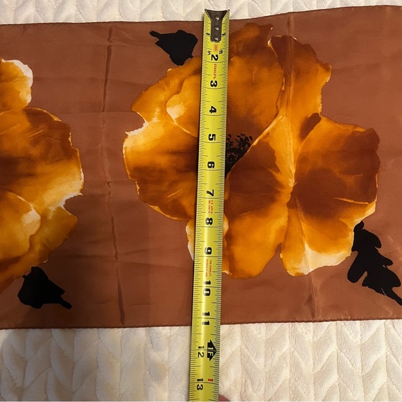 Oscar de la Renta Vintage Silk Satin Floral Scarf Yellow and Brown Designer Wrap - Picture 6 of 7